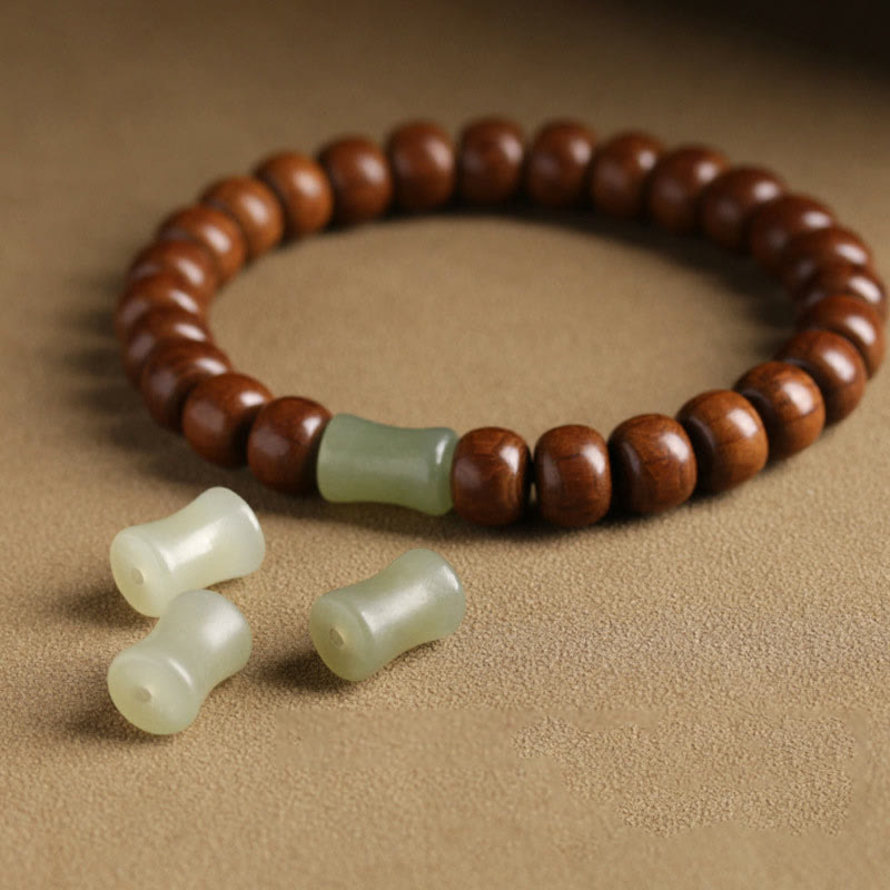 Buddha Stones Armband aus natürlichem Abelia Biflora-Holz, Hetian-Jade und Bambusperle, das böse Geister abwehrt