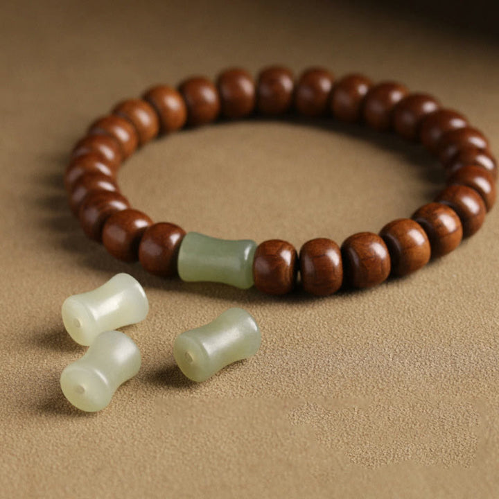 Buddha Stones Armband aus natürlichem Abelia Biflora-Holz, Hetian-Jade und Bambusperle, das böse Geister abwehrt