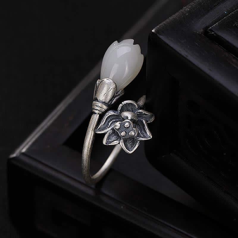 Buddha Stones Jade Lotus Kupfer Balance Heilung verstellbarer Ring