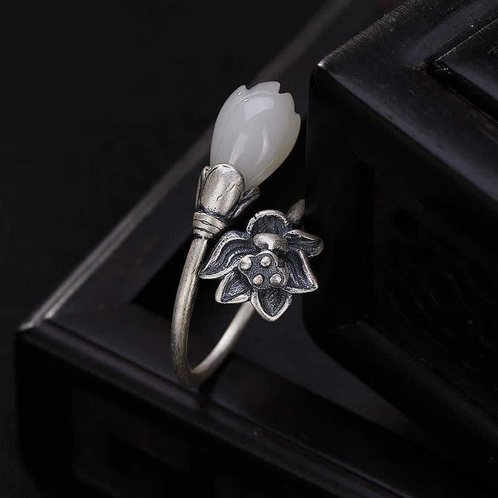 Buddha Stones Jade Lotus Kupfer Balance Heilung verstellbarer Ring