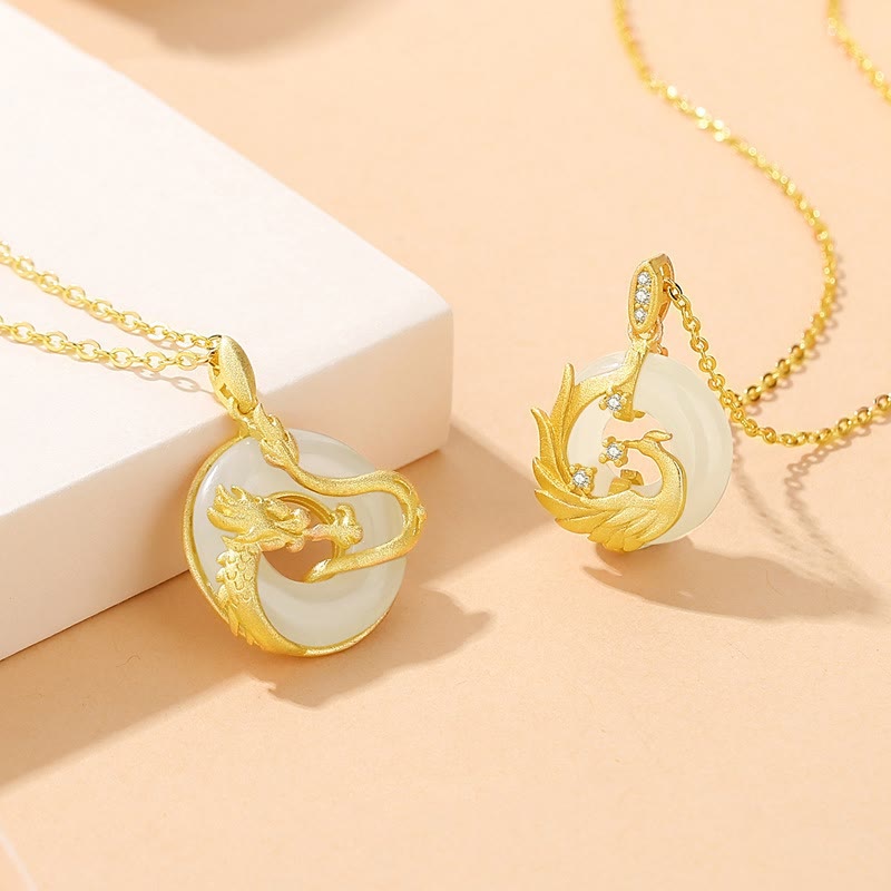 ❗❗❗Ein Blitzverkauf – Buddha Stones 925 Sterling Silber Jahr des Drachen Hetian Jade Goldener Drache Phönix Friedensschnalle Glückskettenanhänger - image 1