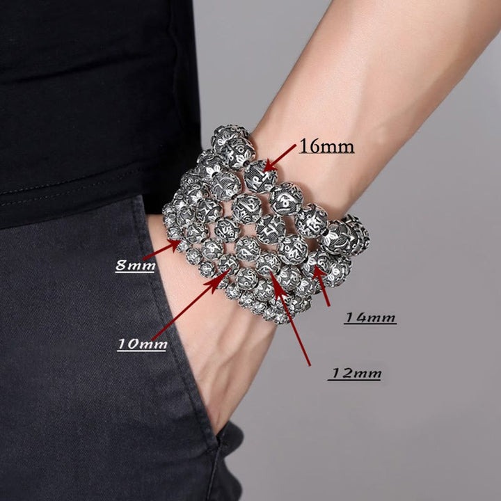 Buddha Stones Tibetisches Om Mani Padme Hum Amulett-Armband mit geschnitzten Legierungsperlen