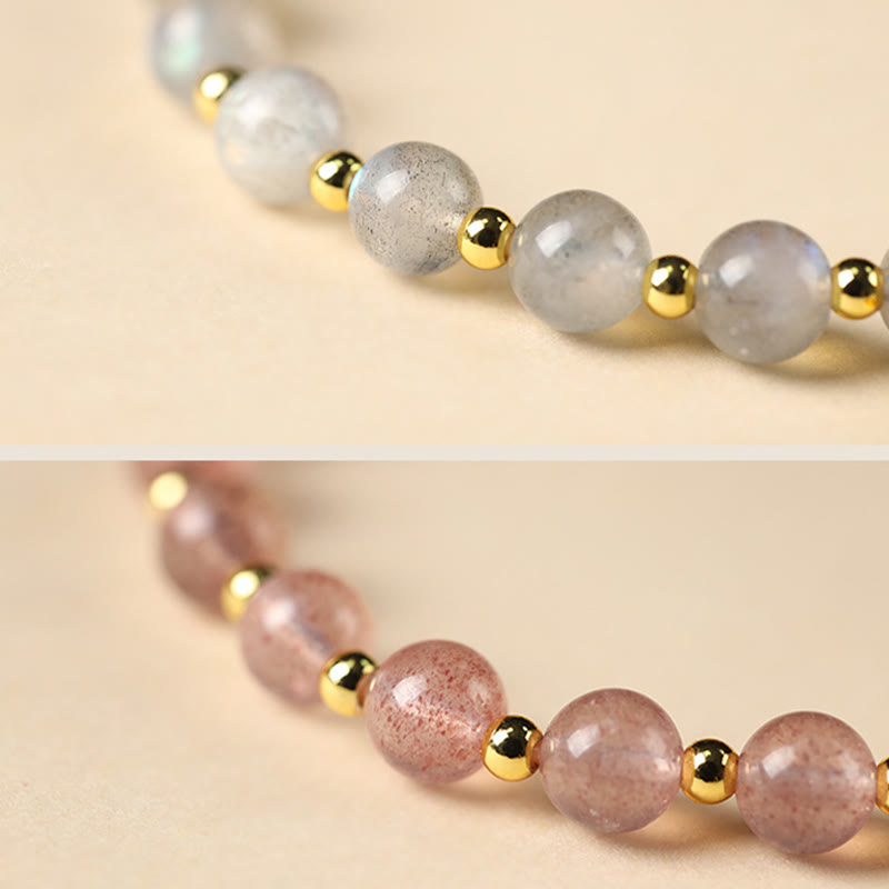 Buddha Stones 14 Karat vergoldetes natürliches Erdbeerquarz-Labradorit-Sonnenstein-Fu-Character-Charm-Armband