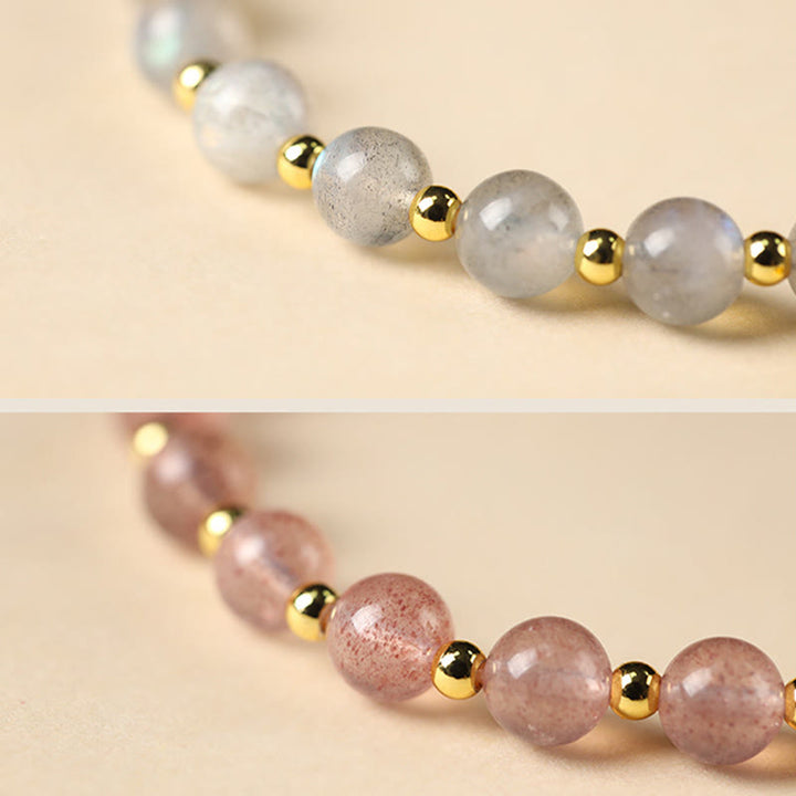 Buddha Stones 14 Karat vergoldetes natürliches Erdbeerquarz-Labradorit-Sonnenstein-Fu-Character-Charm-Armband