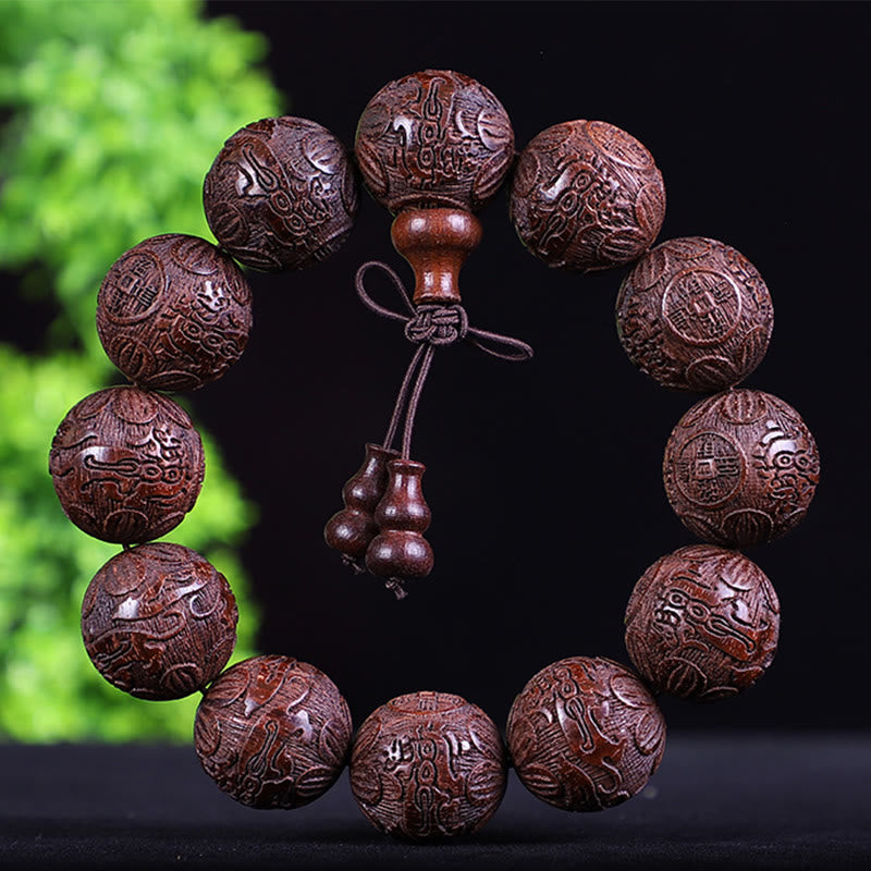 Buddha Stones Chinesisches Sternzeichen Palisander Ebenholz Kupfermünze PiXiu Geschnitztes Wärmearmband