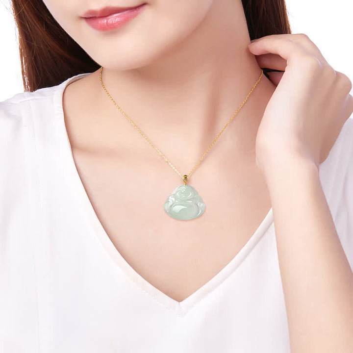 Buddha Stones Lachender Buddha Halskette mit Anhänger aus natürlicher Jade, 925er Sterlingsilber, vergoldet, Fülle - image 2