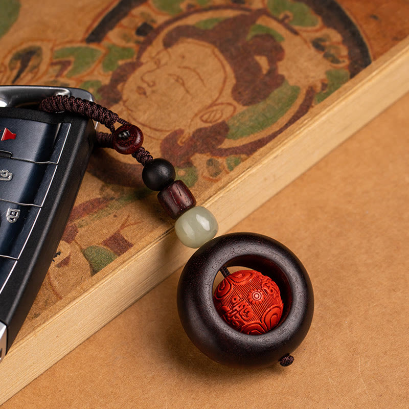 Buddha Stones, Tibet, Om Mani Padme Hum, PiXiu, Kupfermünze, kleines Blatt, rotes Sandelholz, Zinnober, Schutz-Schlüsselanhänger