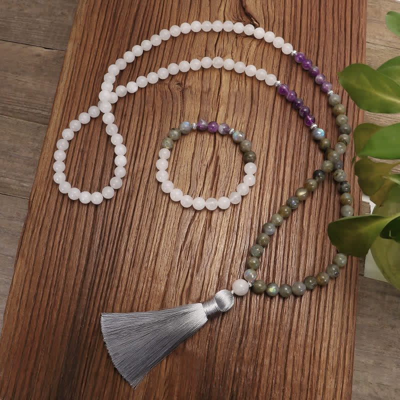 108 Mala-Perlen, Weiß Achat, Amethyst, schwarzer Glitzerstein, Schutzarmband