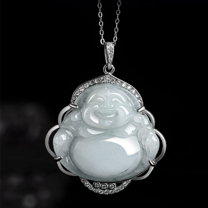 Buddha Stones 925 Sterling Silber Lachender Buddha Natürliche Jade Fülle Halskette Anhänger - image 4