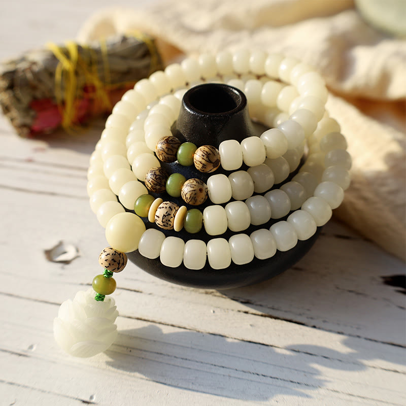 Buddha Stones Weiß Jade Bodhi Lotus Mala Harmonie Halskette Armband - image 3