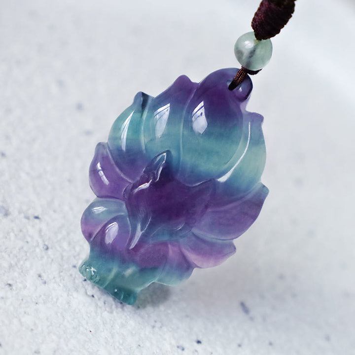 Buddha Stones Natürliche Fluorit-Goldglanz-Obsidian-Fuchs-Anhänger-Schutz-Halskette