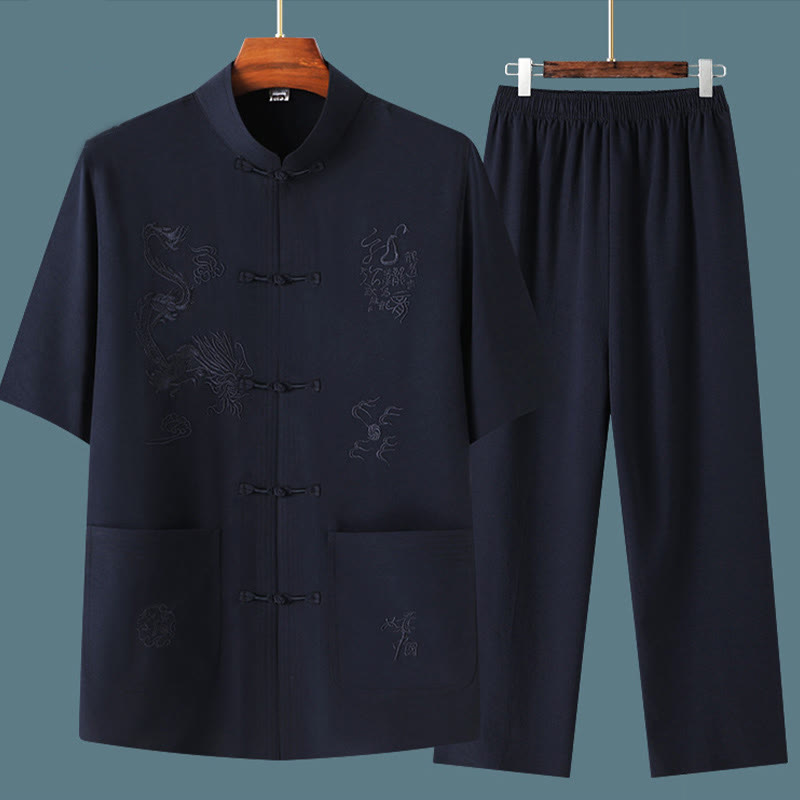 Buddha Stones Tang Anzug Hanfu Chinesischer Drache Traditionelle Kung Fu Uniform Kurzarm Tops und Hosen Kleidung Herren Set - image 1