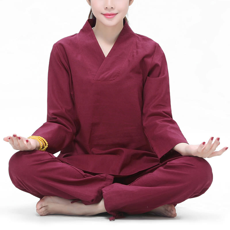 Buddha Stones Zen Praxis Yoga Meditation Gebet V-Ausschnitt Design Uniform Baumwolle Leinen Kleidung Damen Set - Dunkelrot - US6, UK/AU10,EU38 (2XL) - image 0