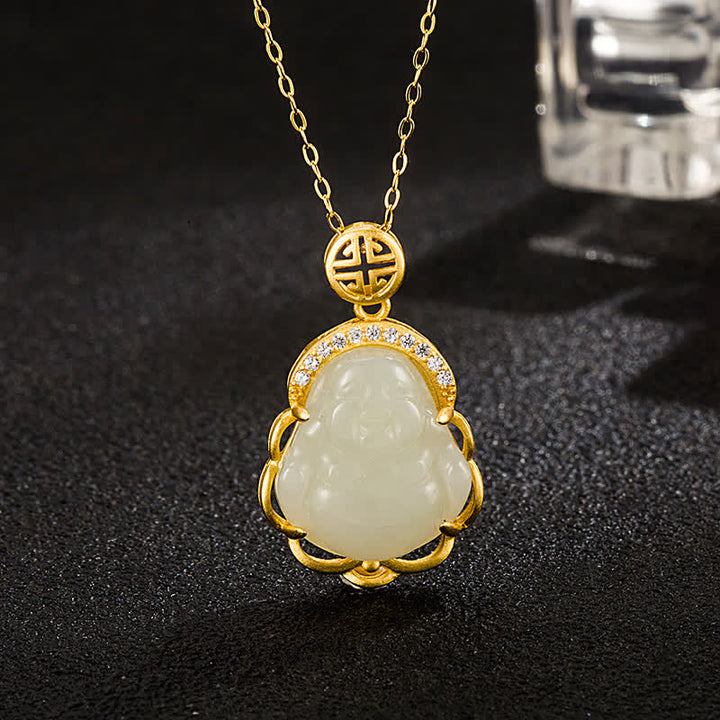 925 Sterling Silber Lachender Buddha Hetian Weiß Jade Schutz Halskette Anhänger - Hetian White Jade (Schutz ♥ Glück) - image 1