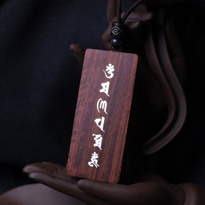 Buddha Stones, 999er-Sterlingsilber, kleines Blatt, rotes Sandelholz, Ebenholz, Om Mani Padme Hum, eingelegter Schutz-Halskettenanhänger - image 4