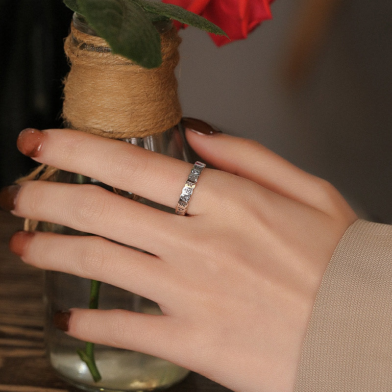 Buddha Stones Ring aus 925er-Sterlingsilber mit sechs wahren Worten und ruhiger Weisheit