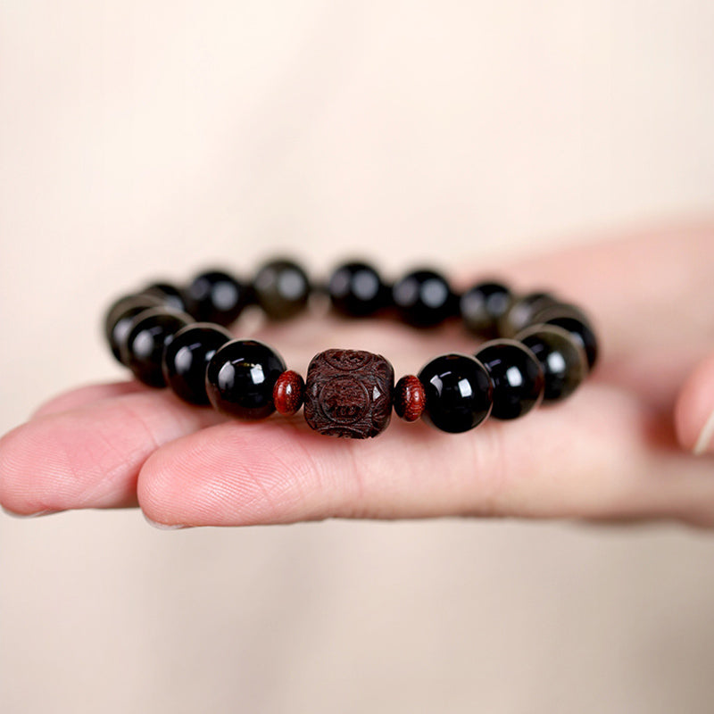 Buddha Stones, natürlicher Goldglanz-Obsidian, Regenbogen-Obsidian, Om Mani Padme Hum Fu, Charakter-Heilungsarmband