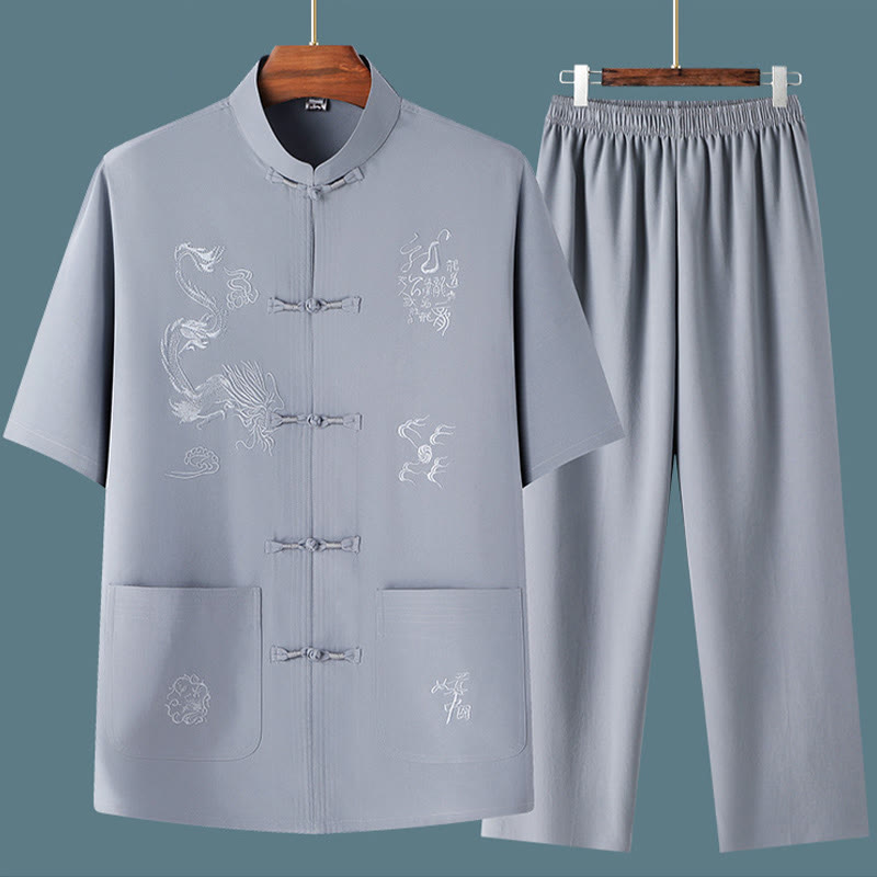 Buddha Stones Tang Anzug Hanfu Chinesischer Drache Traditionelle Kung Fu Uniform Kurzarm Tops und Hosen Kleidung Herren Set - image 7