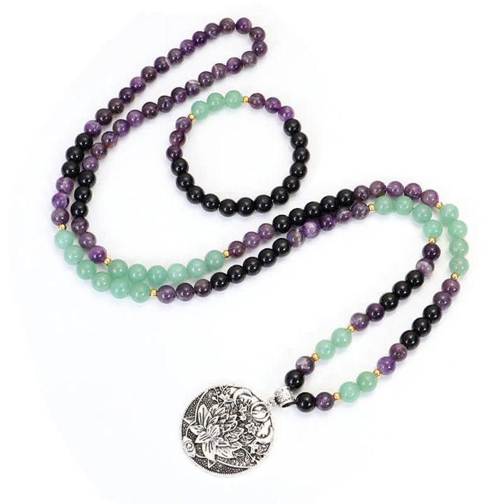 Buddha Stones 108 Mala-Perlen, Amethyst, grüner Aventurin, Lotus, Meditationsarmband