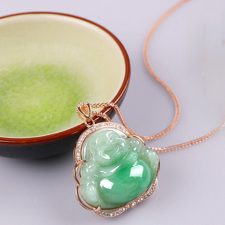 925 Sterling Silber lachender Buddha natürliche Jade Wohlstand Halskette Kettenanhänger - image 2