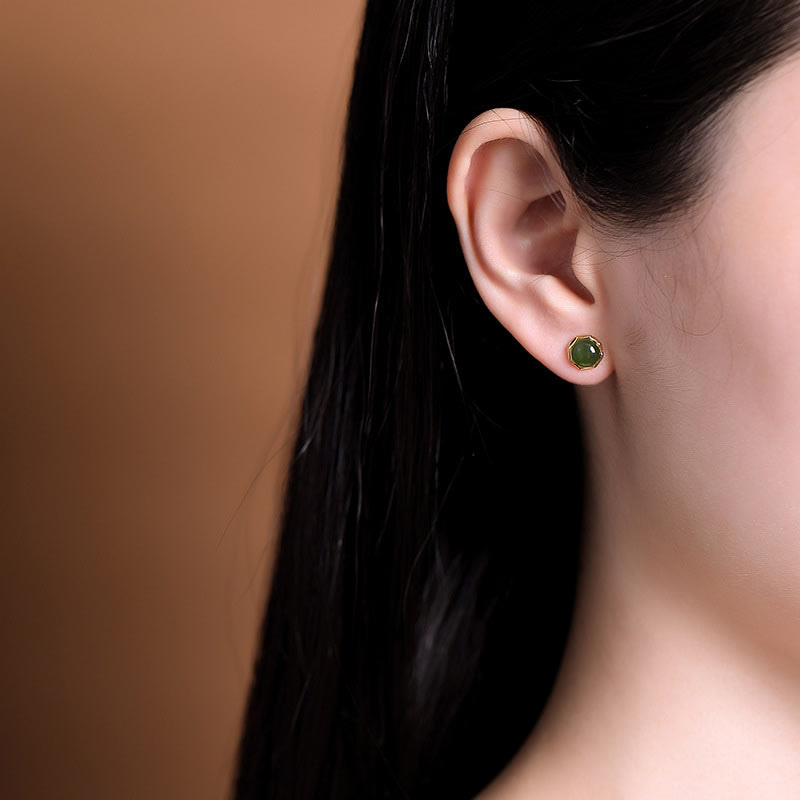 Buddha Stones 925 Sterling Silber vergoldet natürliche Hetian Cyan Jade Perlen Glück Ohrstecker