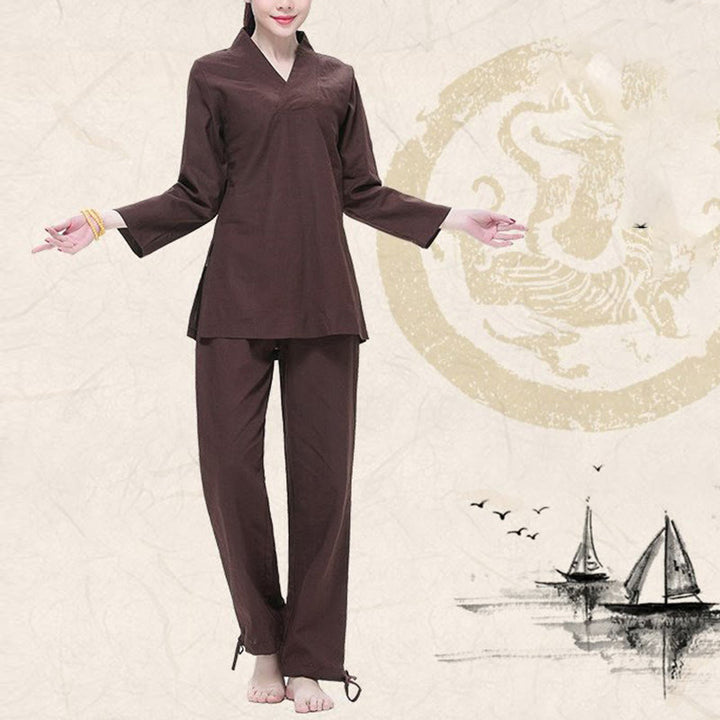 Buddha Stones Zen Praxis Yoga Meditation Gebet V-Ausschnitt Design Uniform Baumwolle Leinen Kleidung Damen Set - image 13