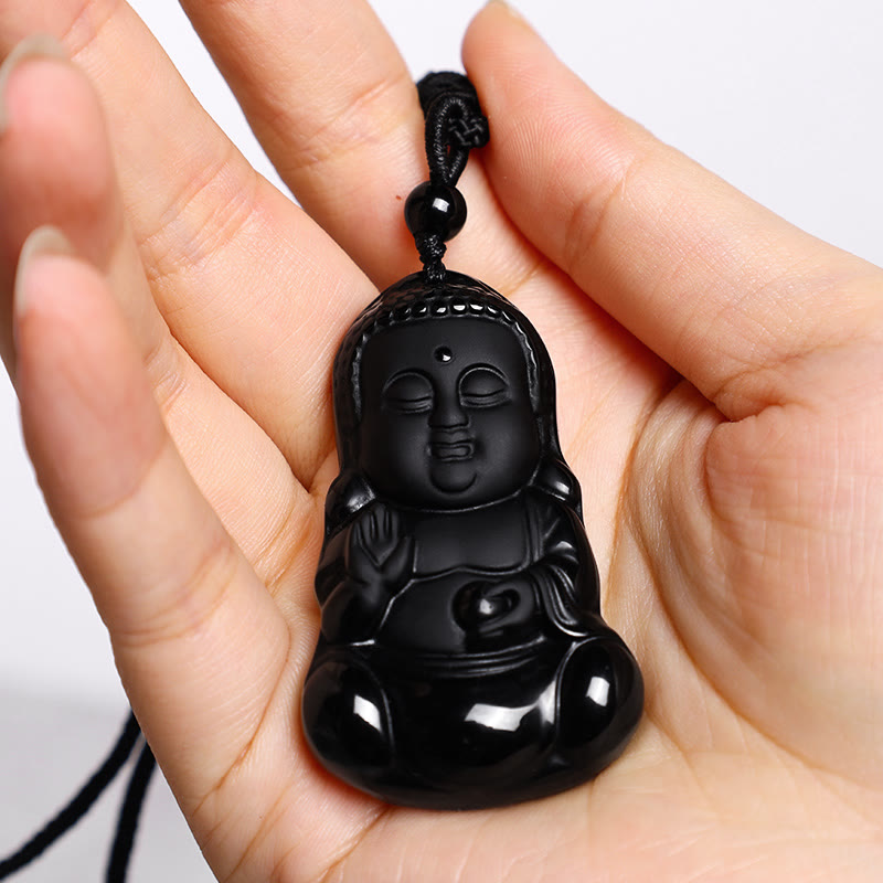 Buddha Stones, natürlicher schwarzer Obsidian-Kristall, Buddha-Stärke, Schutz, Amulett, Glücksbringer-Anhänger-Halskette - image 5