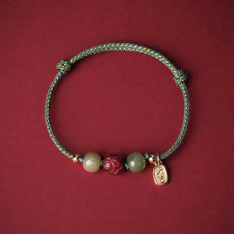 Buddha Stones 14K vergoldetes Hetian Jade Zinnober Lotus Glück handgefertigtes Seilarmband - Cyan-Seil (Handgelenkumfang 13–18 cm) - image 11