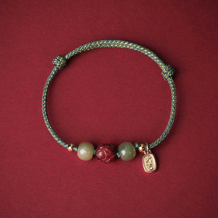 Buddha Stones 14K vergoldetes Hetian Jade Zinnober Lotus Glück handgefertigtes Seilarmband - Cyan-Seil (Handgelenkumfang 13–18 cm) - image 11