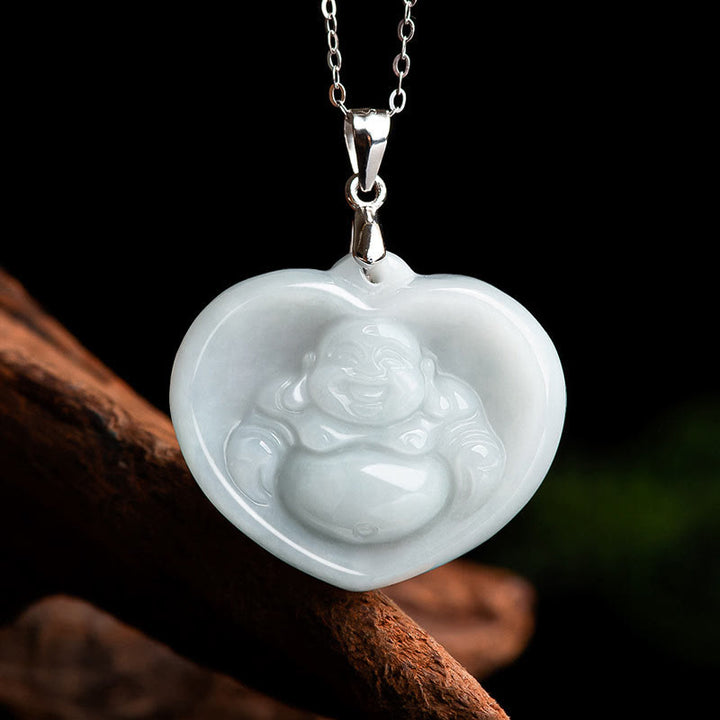 Buddha Stones 925 Sterling Silber Lachender Buddha Weiß Jade Glückssegen Halskettenanhänger - Weiße Jade (Schutz♥Glück) - image 1
