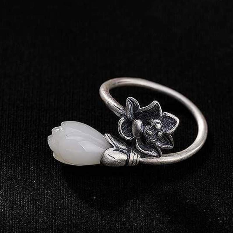 Buddha Stones Jade Lotus Kupfer Balance Heilung verstellbarer Ring