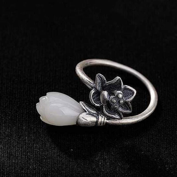 Buddha Stones Jade Lotus Kupfer Balance Heilung verstellbarer Ring