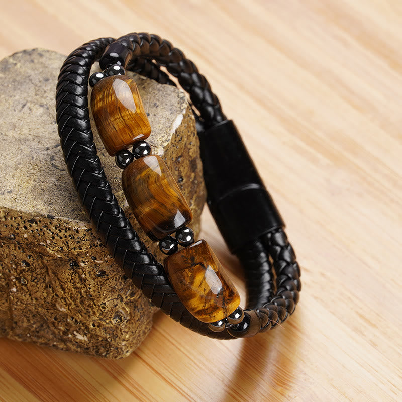 Buddha Stones Natürliches Tigerauge-Schutz-Willens-Lederarmband mit magnetischer Schnalle