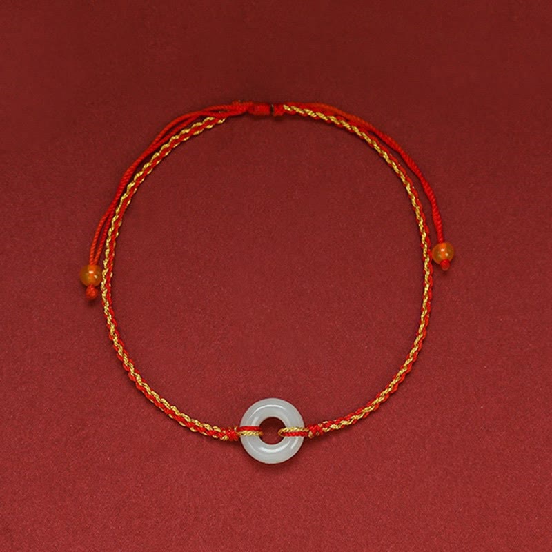 Buddha Stones, runde Friedensschnalle, Jade, Glück, Fülle, geflochtenes Armband, Fußkettchen