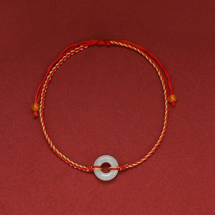 Buddha Stones, runde Friedensschnalle, Jade, Glück, Fülle, geflochtenes Armband, Fußkettchen