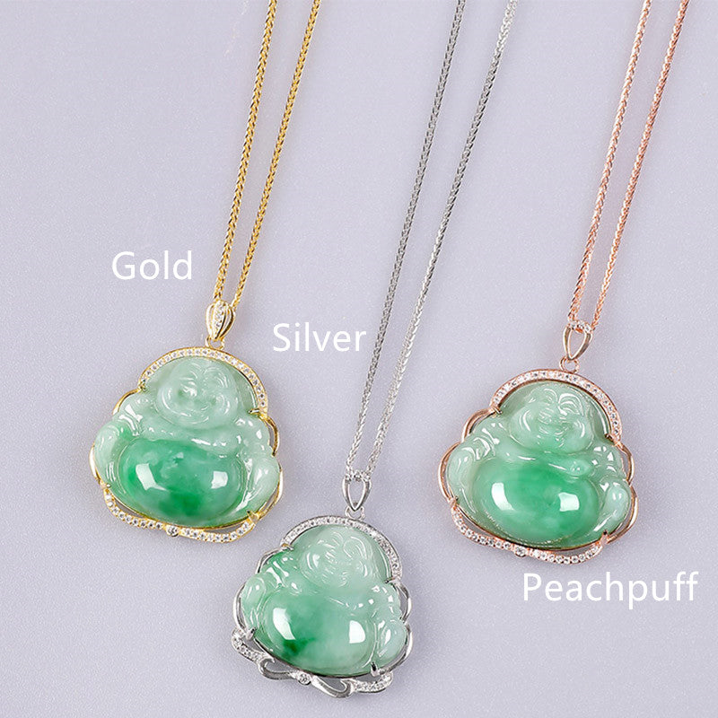 925 Sterling Silber lachender Buddha natürliche Jade Wohlstand Halskette Kettenanhänger - Silber - image 4