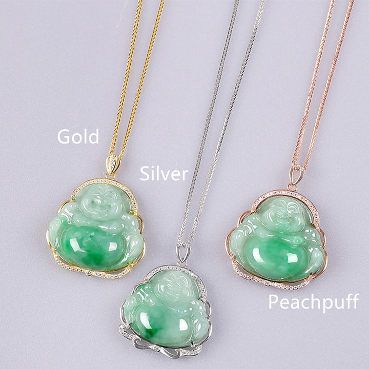 925 Sterling Silber lachender Buddha natürliche Jade Wohlstand Halskette Kettenanhänger - Silber - image 4