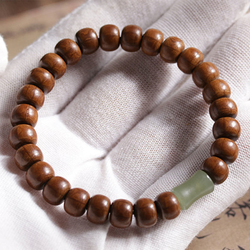 Buddha Stones Armband aus natürlichem Abelia Biflora-Holz, Hetian-Jade und Bambusperle, das böse Geister abwehrt