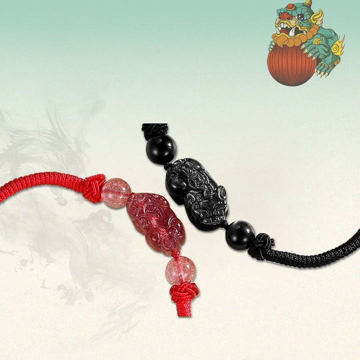 Buddha Stones Handgefertigtes geflochtenes PiXiu-Schutzarmband mit Obsidian und Erdbeerquarz in natürlichem Silberglanz - image 10