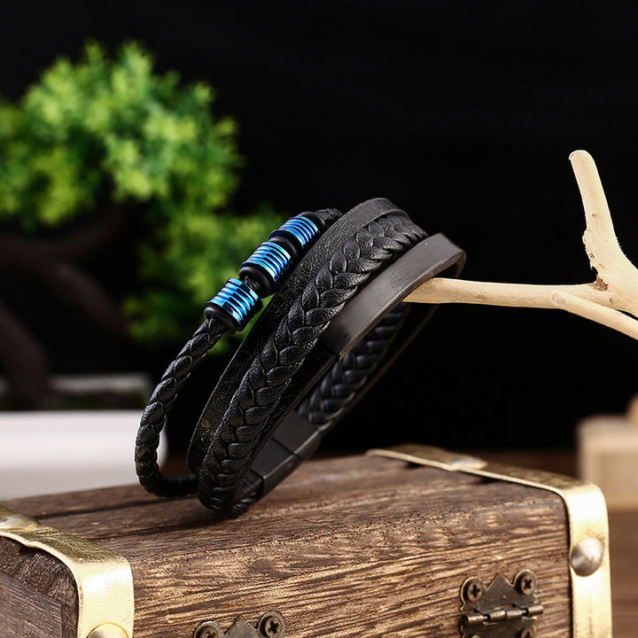 Buddha Stones Lederarmband mit mehrschichtiger Balance aus Titanstahl und geflochtener Magnetschnalle