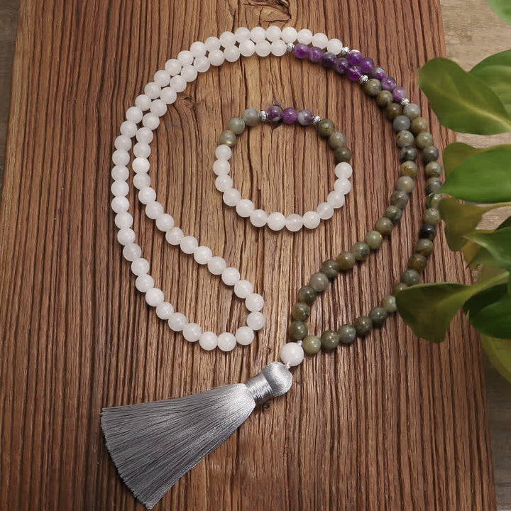 108 Mala-Perlen, Weiß Achat, Amethyst, schwarzer Glitzerstein, Schutzarmband