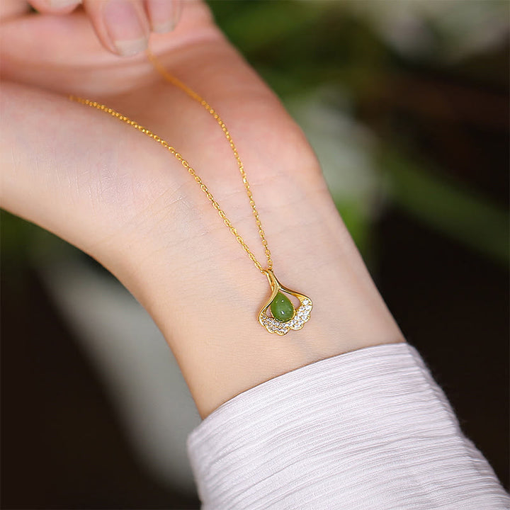 925 Sterling Silber natürliche Hetian Jade Cyan Jade Glück lachender Buddha Schmetterling Halskette Anhänger - Cyan Jade Ginkgoblatt - image 35