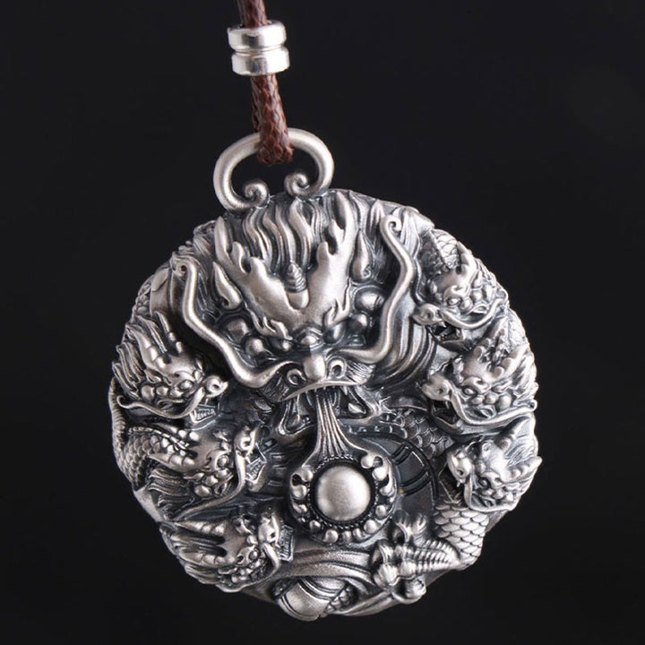 Buddha Stones 999 Sterling Silber Neun Drachen spielen mit einer Perle Glücksschutz Halskettenanhänger - image 3