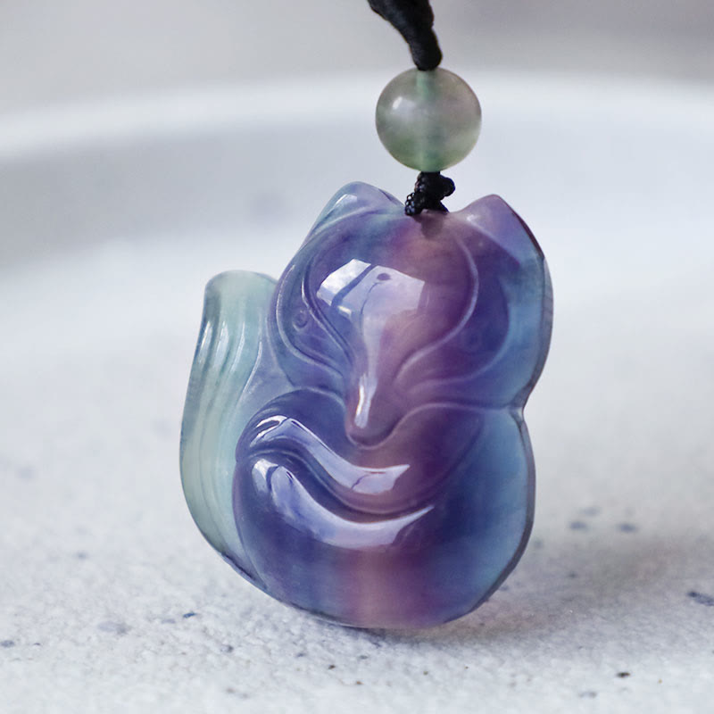 Buddha Stones Natürliche Fluorit-Goldglanz-Obsidian-Fuchs-Anhänger-Schutz-Halskette