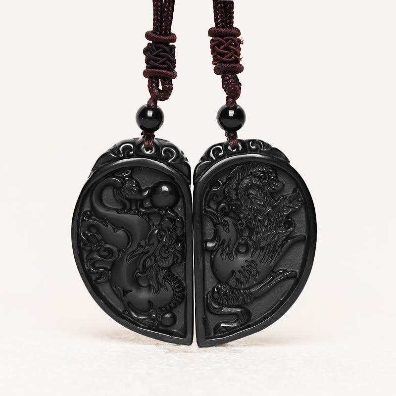 Buddha Stones Schwarzer Obsidian Liebe Drache Phönix Schutz Halskette Anhänger - image 2