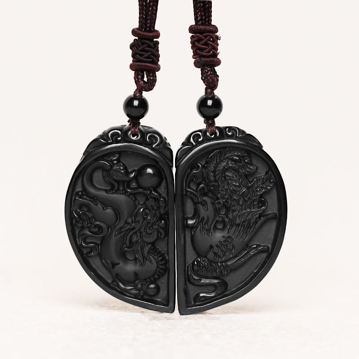Buddha Stones Schwarzer Obsidian Liebe Drache Phönix Schutz Halskette Anhänger - image 2