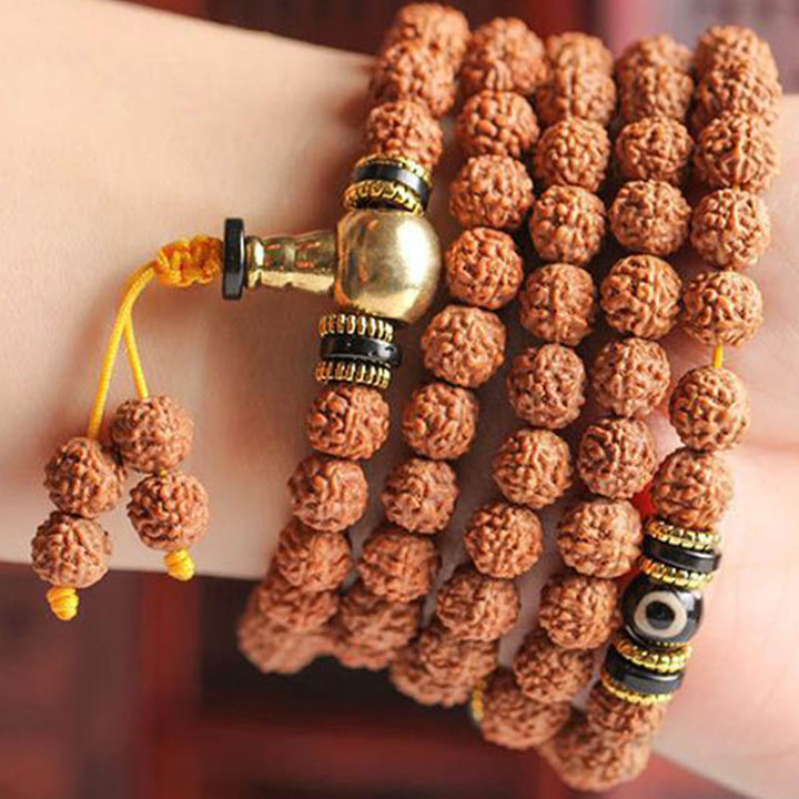 Buddha Stones Rudraksha Bodhi Seed Dzi Bead Luck Wealth Armband 108 Mala Beads