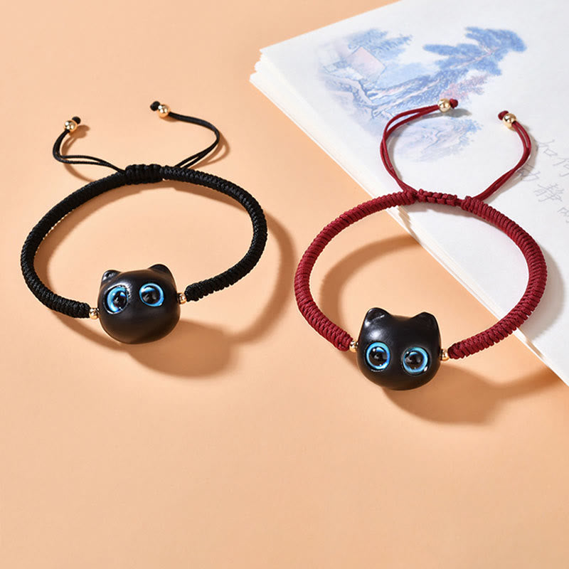 Buddha Stones Ebenholz-Katzenkopf-Muster, geflochtenes Armband mit Friedens-King-Kong-Knoten - image 2