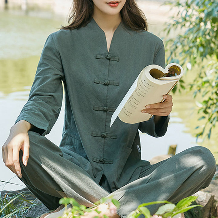 Spirituelle Zen-Praxis, Yoga, Meditation, Gebetsuniform, Baumwoll-Leinen-Kleidung, Damen-Set - Dunkelgrün - US18, UK/AU22,EU50 (6XL) - image 1