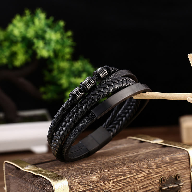 Buddha Stones Lederarmband mit mehrschichtiger Balance aus Titanstahl und geflochtener Magnetschnalle